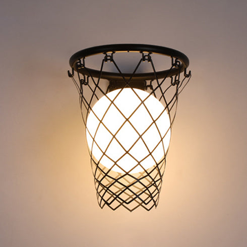 Modern Art Deco Barn Iron Glass Basket Lamp 1-Light Wall Light for Bedroom