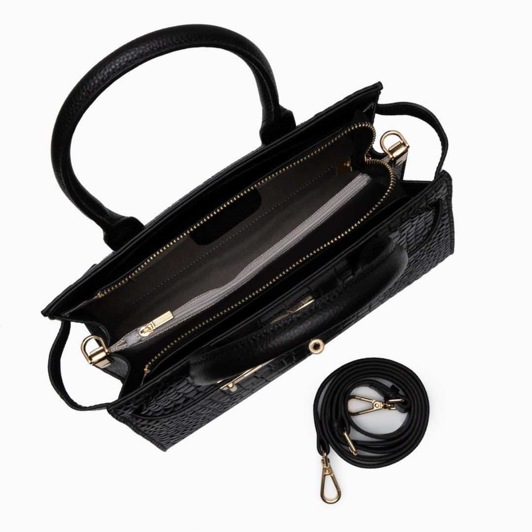 Harlow – Croc Embossed Satchel Bag with Gold Turn Lock and Crossbody Strap