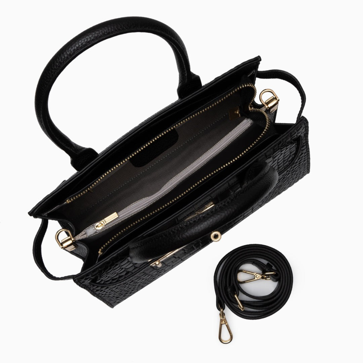Harlow – Croc Embossed Satchel Bag with Gold Turn Lock and Crossbody Strap