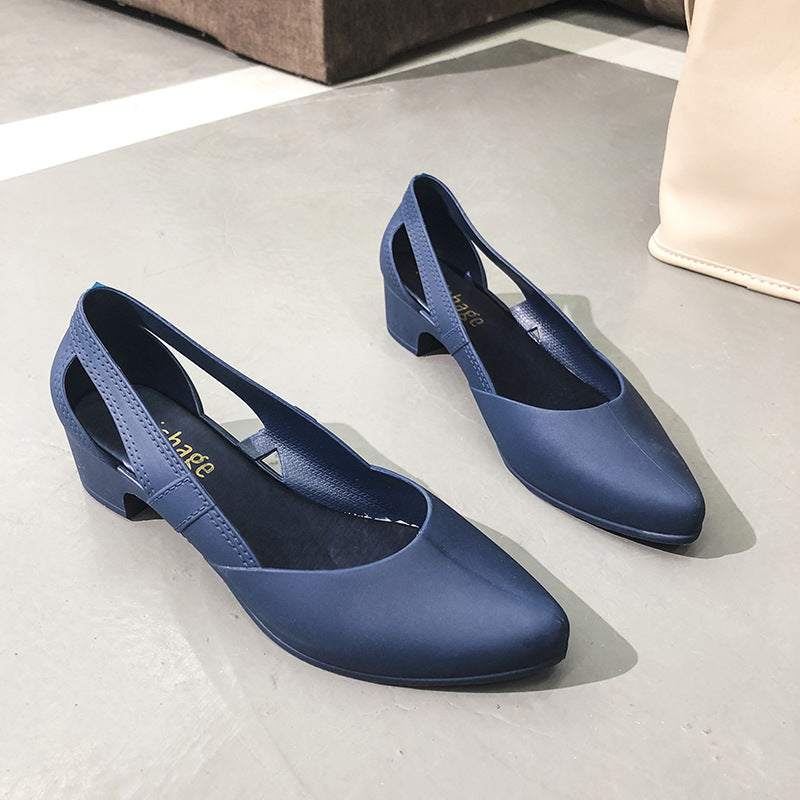 Pointed Toe Block Heel Slip-On Pump with Cutout Details
