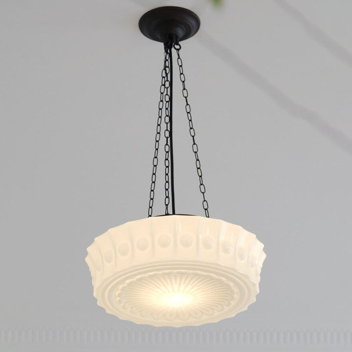 Traditional French Iron Glass Stripes Round Drum LED Semi-Flush Mount Ceiling Lamp for Living Room and Bedroom