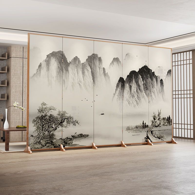 Traditional Chinese Rectangular Pine Wood Solid Wood Plywood Cotton Canvas Room Divider for Living Room