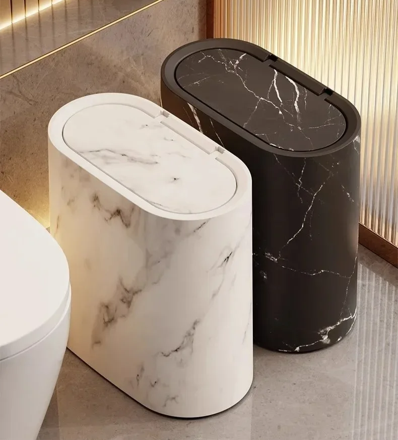 Scandinavian Marble Texture Push-Top Wastebasket – Compact Bathroom Trash Can