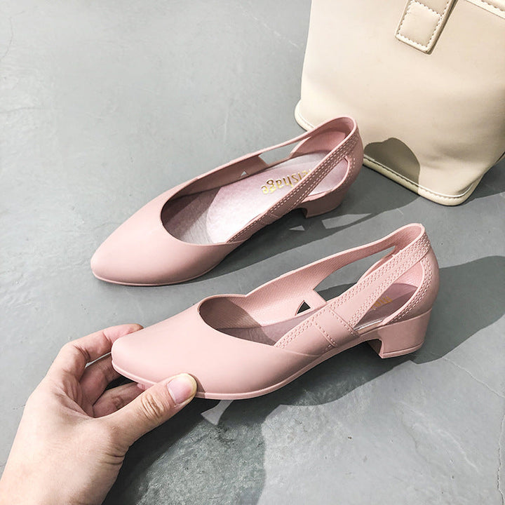 Pointed Toe Block Heel Slip-On Pump with Cutout Details