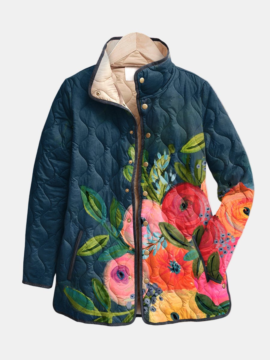 Women's Quilted Floral Front Snap Jacket with Stand Collar