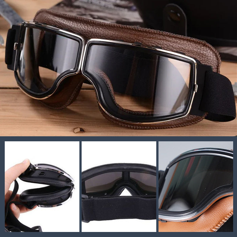 Classic Leather Aviator Goggles - Vintage Motorcycle Style with UV Protection