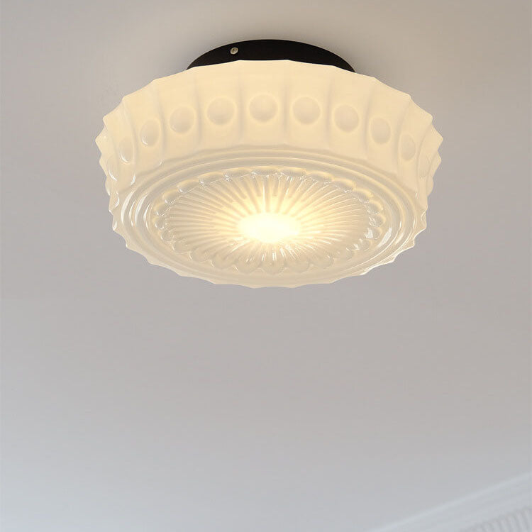 Traditional French Iron Glass Stripes Round Drum LED Semi-Flush Mount Ceiling Lamp for Living Room and Bedroom