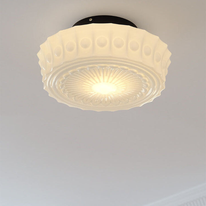 Traditional French Iron Glass Stripes Round Drum LED Semi-Flush Mount Ceiling Lamp for Living Room and Bedroom