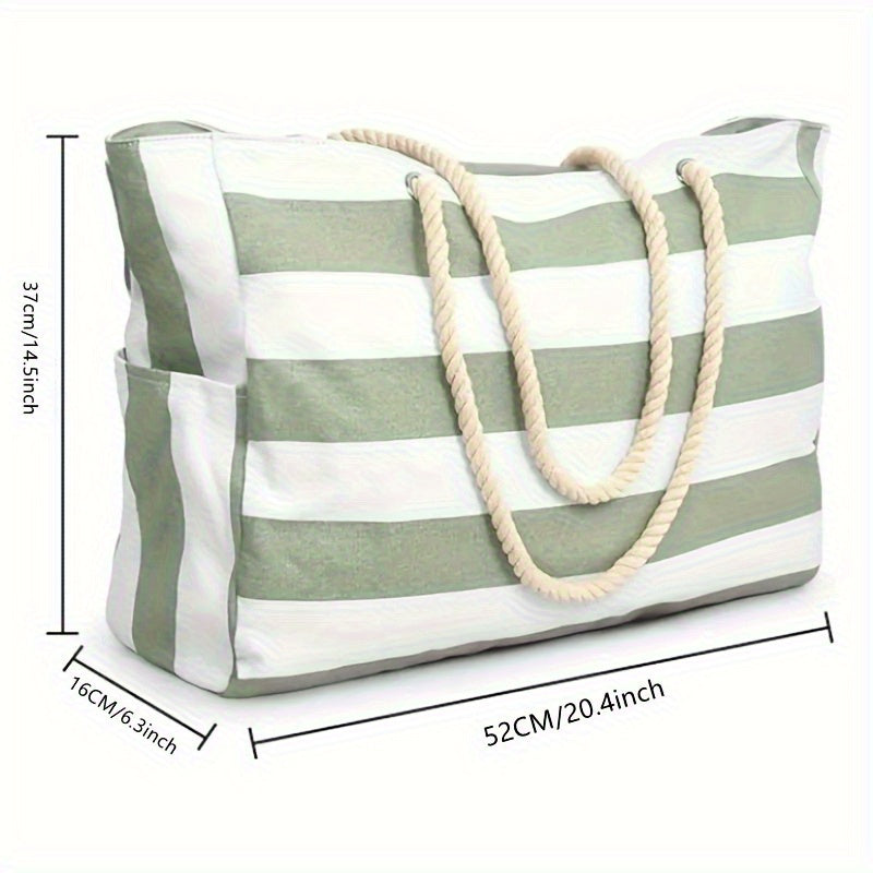 Striped Beach Bag with Large Capacity – Durable Polyester with Zipper