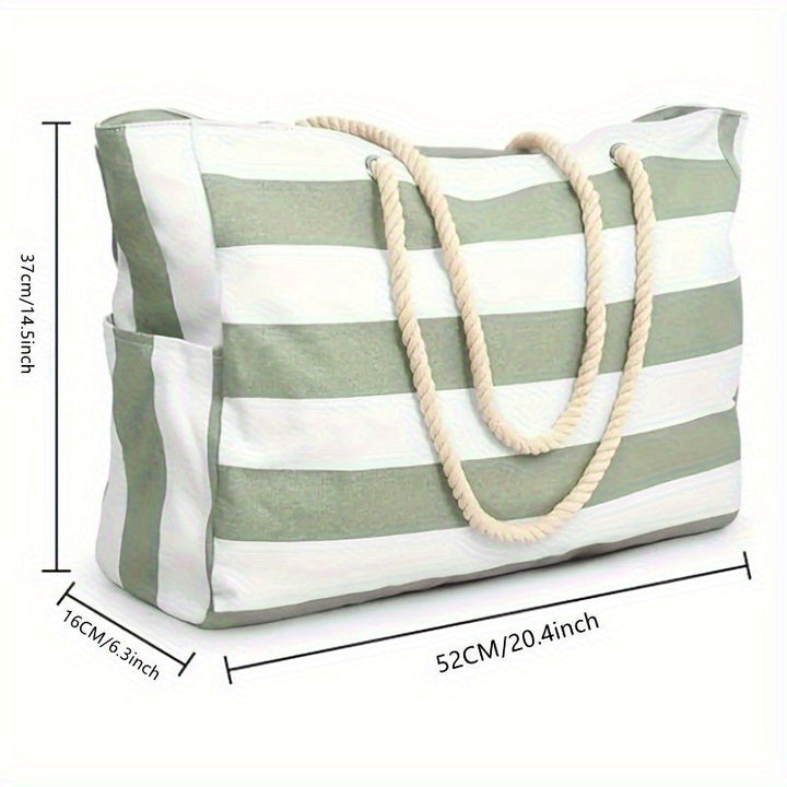 Striped Beach Bag with Large Capacity – Durable Polyester with Zipper