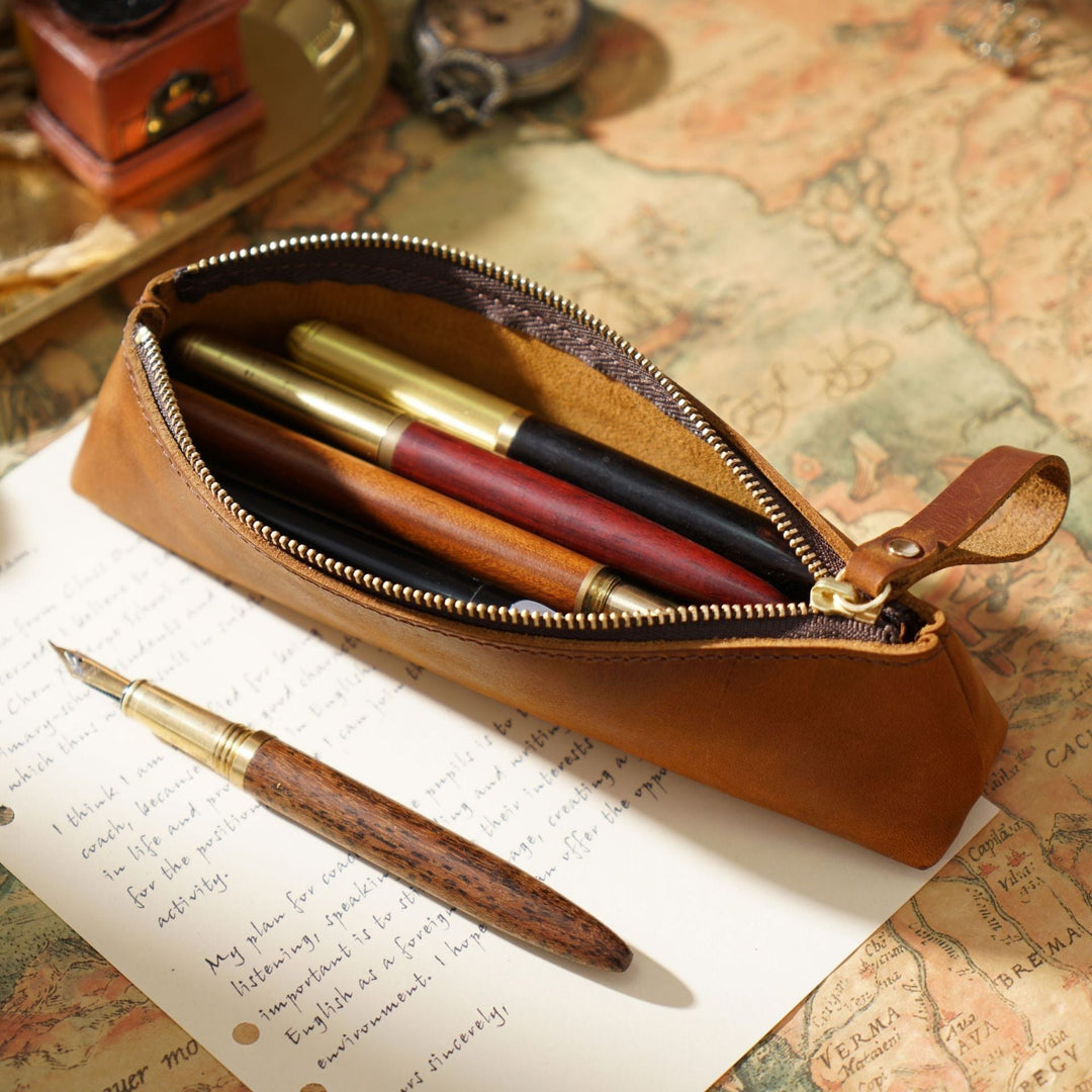 Artisan Leather Writing Instrument Organizer - Premium Pencil Pouch