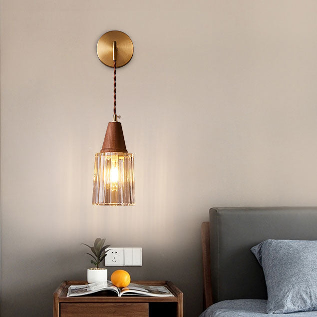 Traditional Japanese Walnut Glass Copper Cylinder 1-Light Wall Lamp