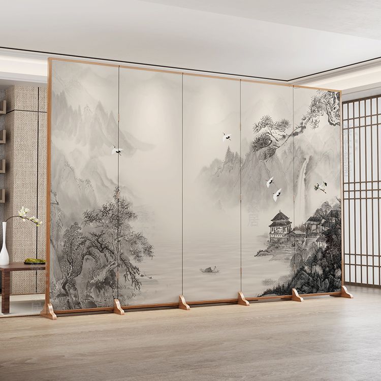 Traditional Chinese Rectangular Pine Wood Solid Wood Plywood Cotton Canvas Room Divider for Living Room