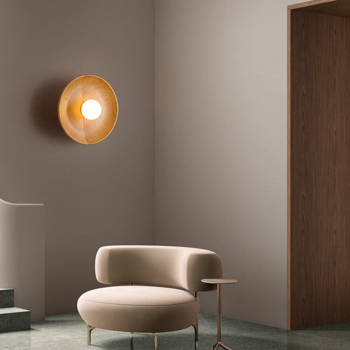 Modern Minimalist Round Disc Solid Wood 1-Light Wall Lamp