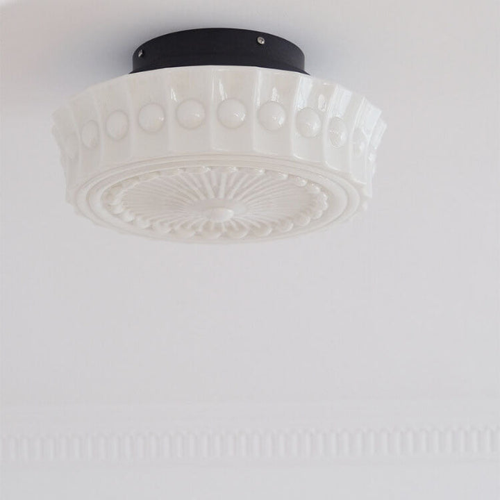 Traditional French Iron Glass Stripes Round Drum LED Semi-Flush Mount Ceiling Lamp for Living Room and Bedroom