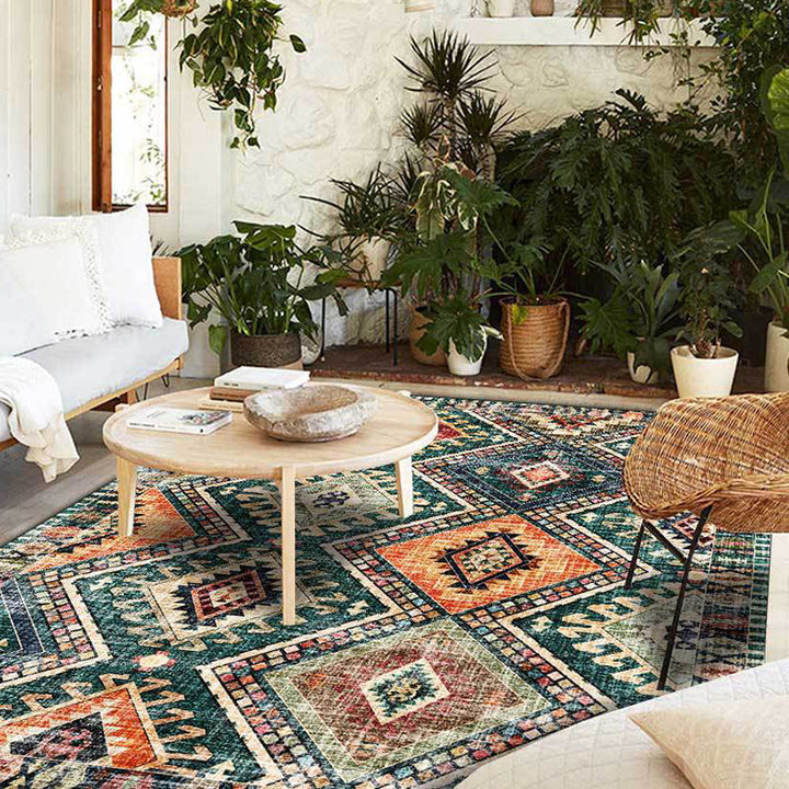 Southwest Tribal Area Rug - Green Polyester Machine Washable Floor Rug with Non-Slip Backing
