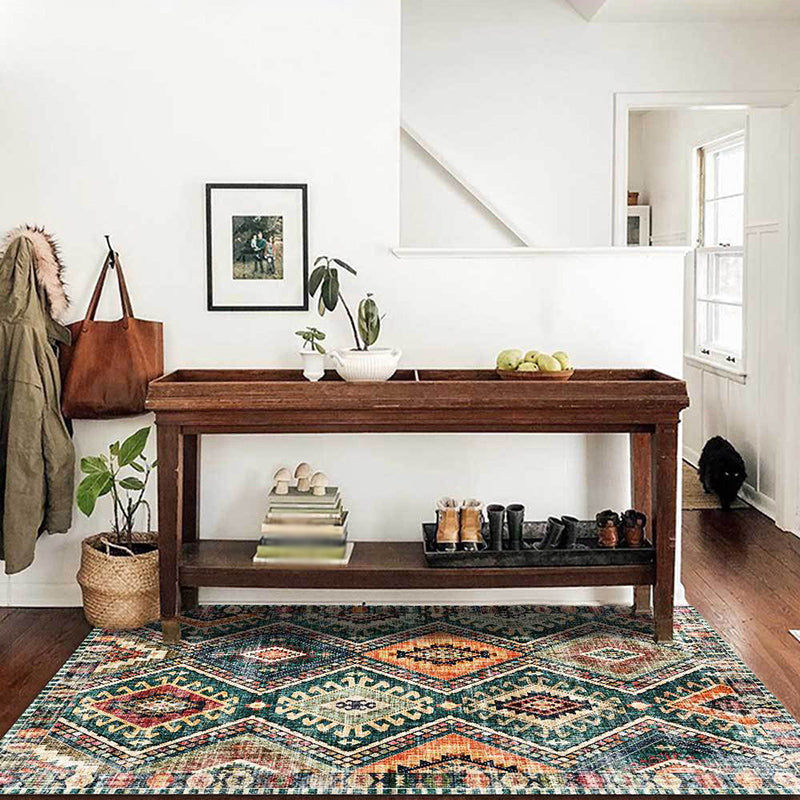Southwest Tribal Area Rug - Green Polyester Machine Washable Floor Rug with Non-Slip Backing