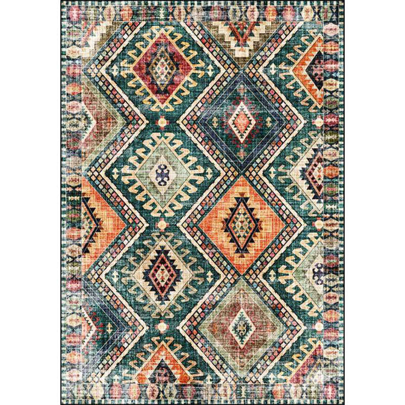 Southwest Tribal Area Rug - Green Polyester Machine Washable Floor Rug with Non-Slip Backing