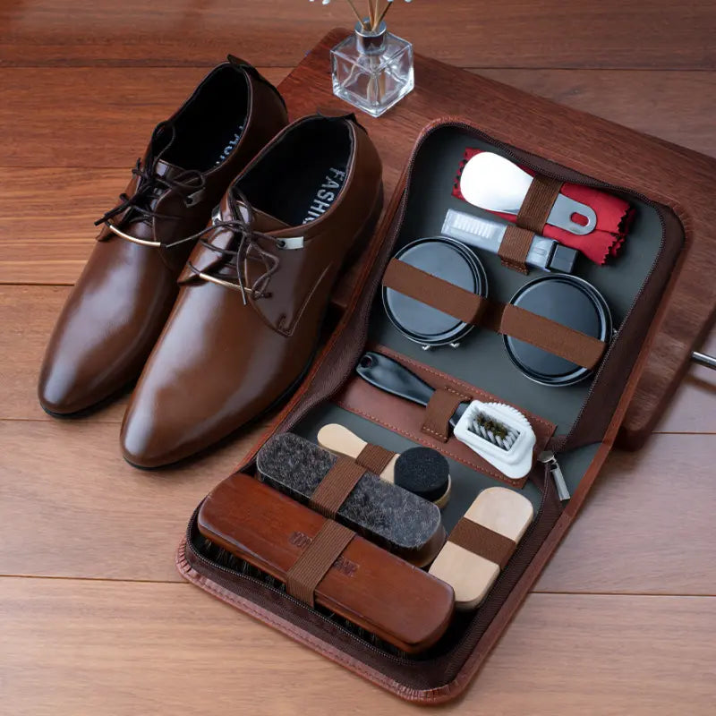 LuxeShine 9-Piece Shoe Care Set | Premium Horsehair Brush and Leather Care Polishing Kit