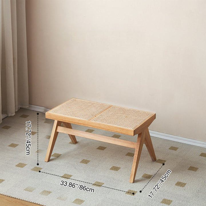 Traditional Japanese Rubberwood and Synthetic Fiber Rectangular V-Shaped Bench with Handwoven Seat for Entryway and Living Room