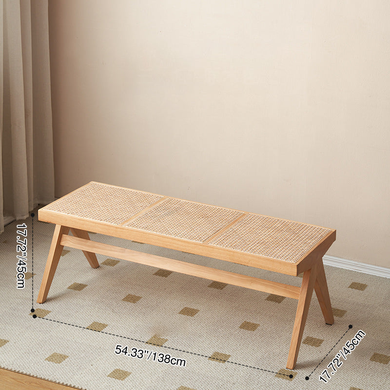 Traditional Japanese Rubberwood and Synthetic Fiber Rectangular V-Shaped Bench with Handwoven Seat for Entryway and Living Room