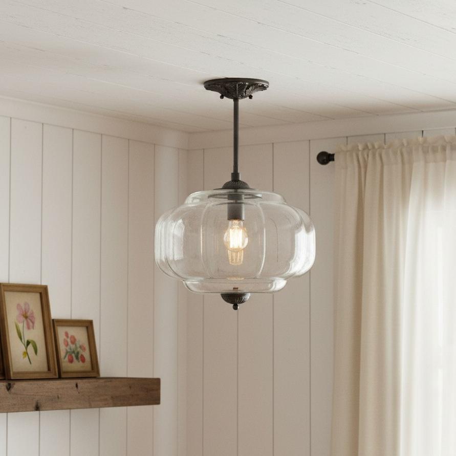 Lumi Antique Brass Green Glass Pumpkin Semi-Flush Mount Eloise Pendant