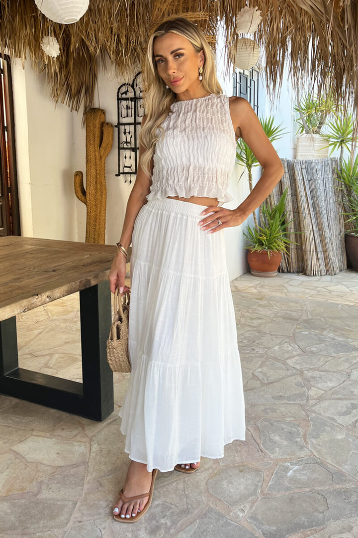 Tiered White Midi Skirt – High Waist Flowy Summer Style