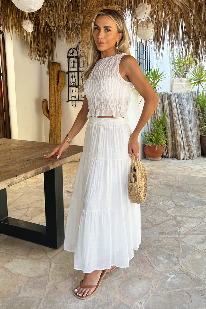 Tiered White Midi Skirt – High Waist Flowy Summer Style