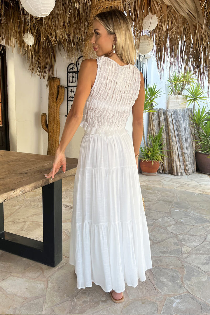 Tiered White Midi Skirt – High Waist Flowy Summer Style