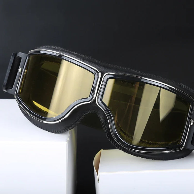 Classic Leather Aviator Goggles - Vintage Motorcycle Style with UV Protection