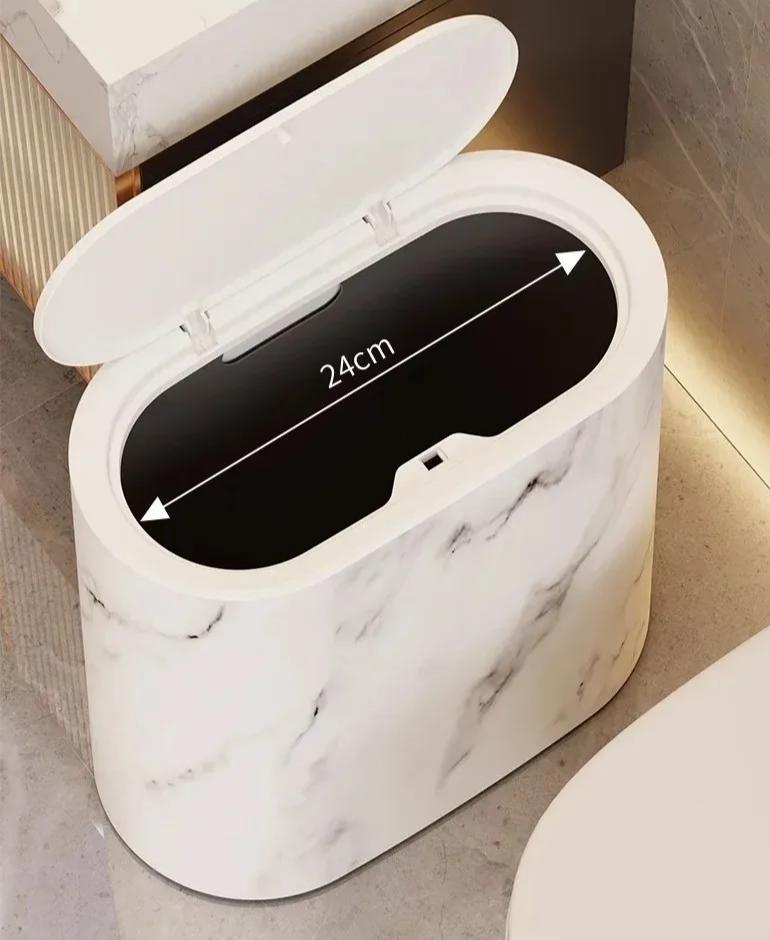 Scandinavian Marble Texture Push-Top Wastebasket – Compact Bathroom Trash Can