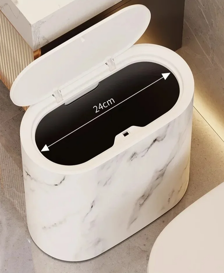 Scandinavian Marble Texture Push-Top Wastebasket – Compact Bathroom Trash Can