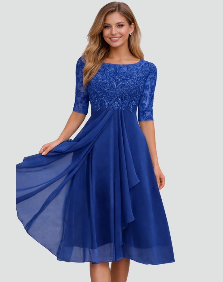 Midi Party Dress for Women Regular Fit Lace Three-Quarter Sleeve