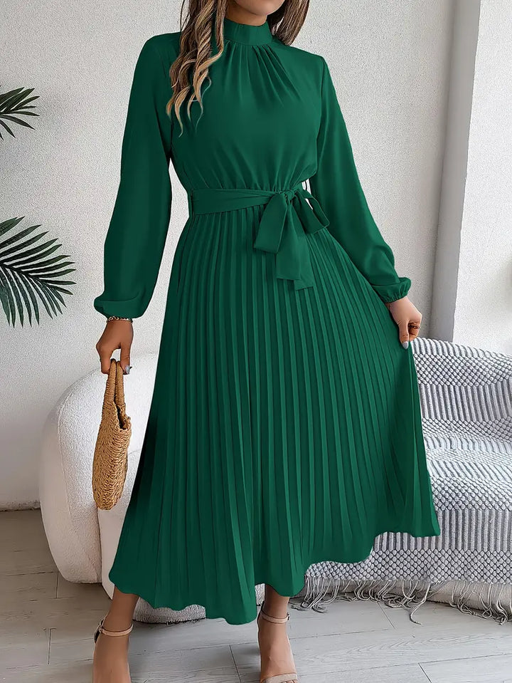Belted Pleated Midi Dress with Long Sleeves – Elegant High Neckline