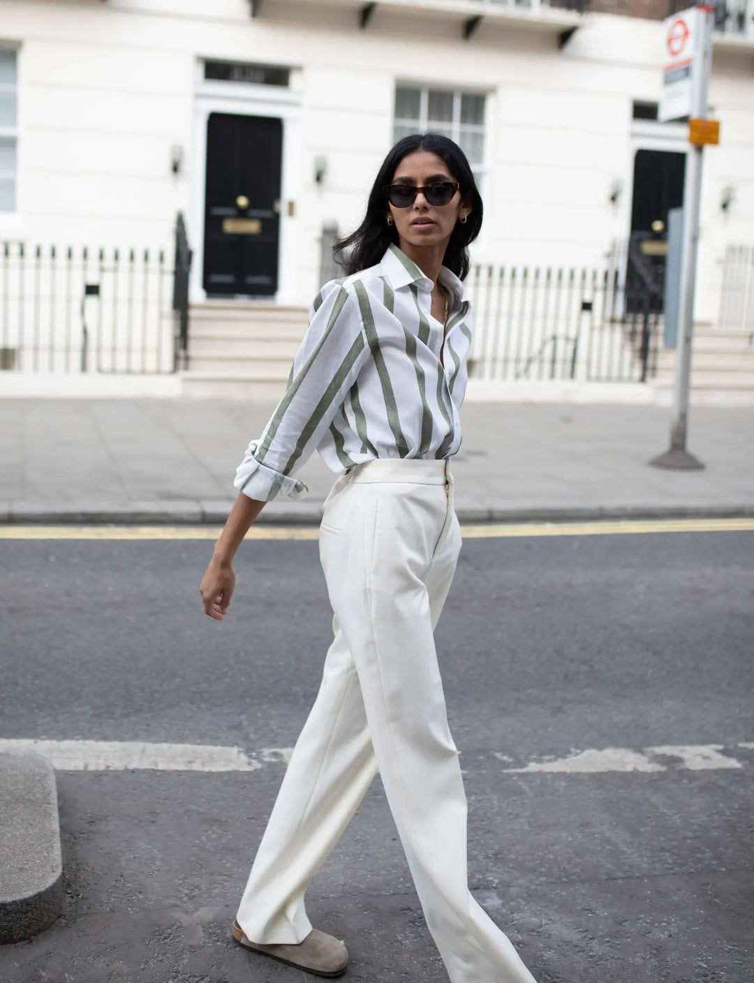 Khaki Striped Relaxed Fit Button-Up Shirt for Casual Wear