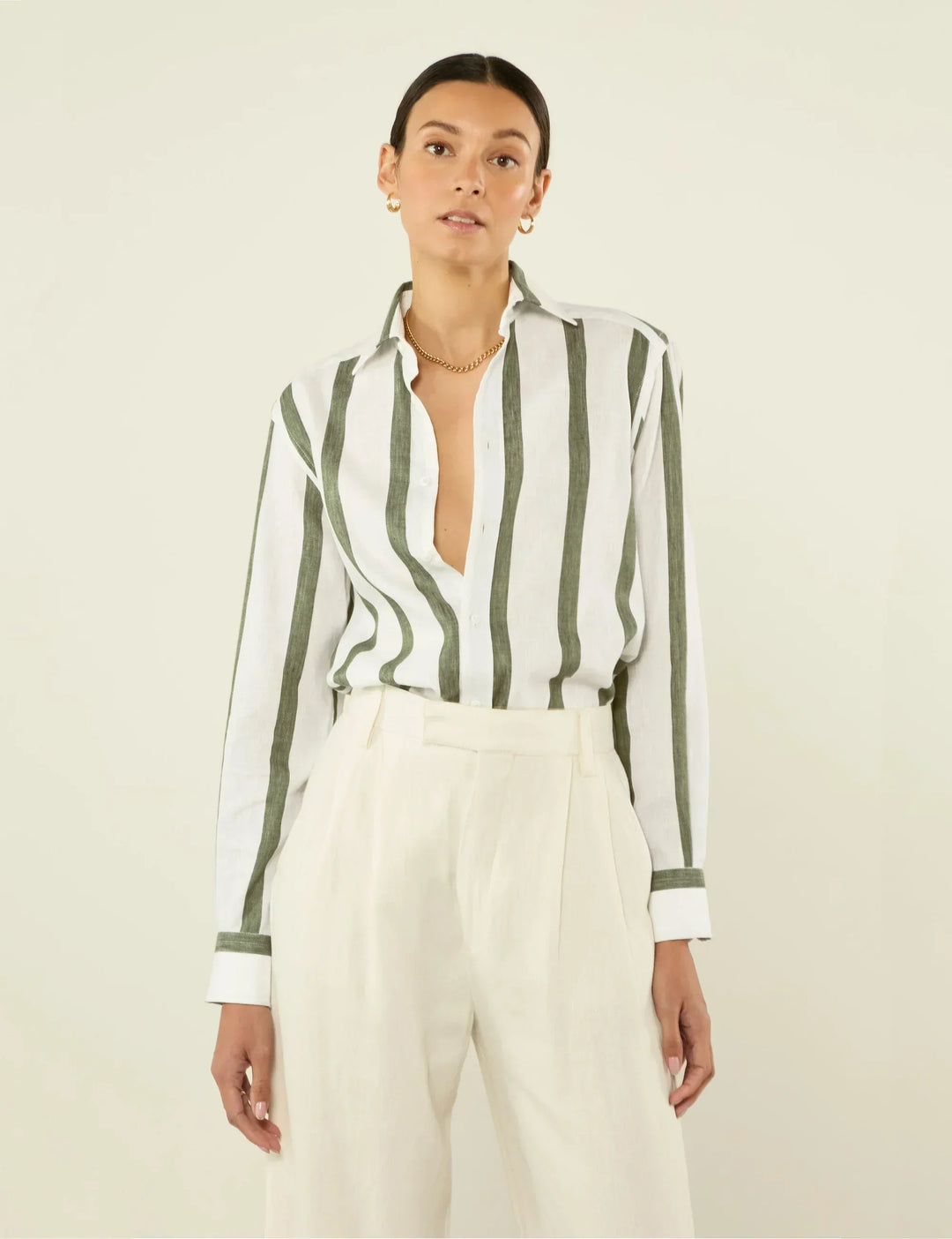 Khaki Striped Relaxed Fit Button-Up Shirt for Casual Wear