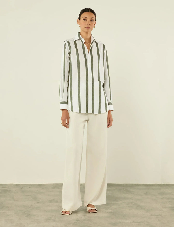 Khaki Striped Relaxed Fit Button-Up Shirt for Casual Wear