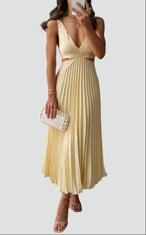 Midi Gala Dress Women Pleated Skirt Waist Cutout