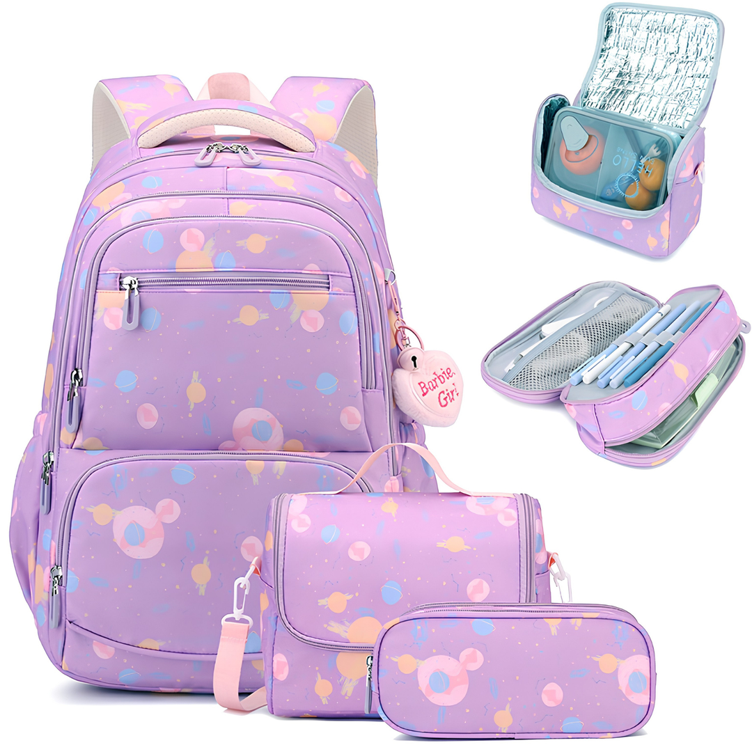 Campus Companion Three-Piece Backpack Set with Cartoon Print