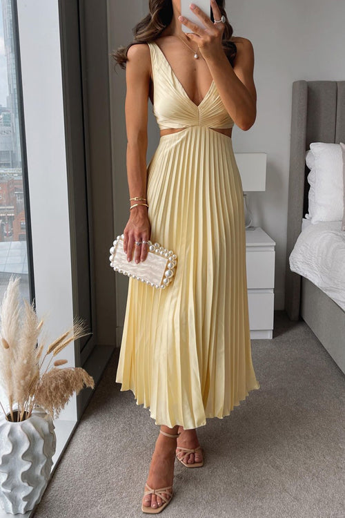 Midi Gala Dress Women Pleated Skirt Waist Cutout