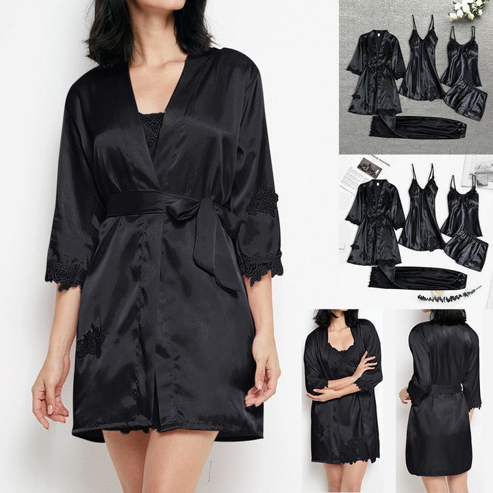Premium Silk Satin Sleepwear Collection | Lace Trim Kimono With Cami & Shorts
