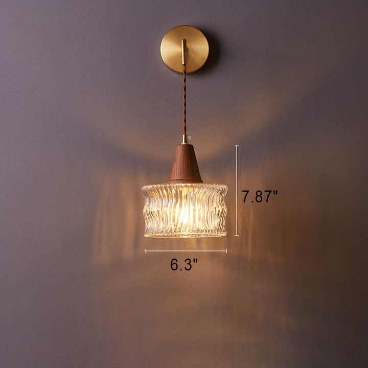 Traditional Japanese Walnut Glass Copper Cylinder 1-Light Wall Lamp