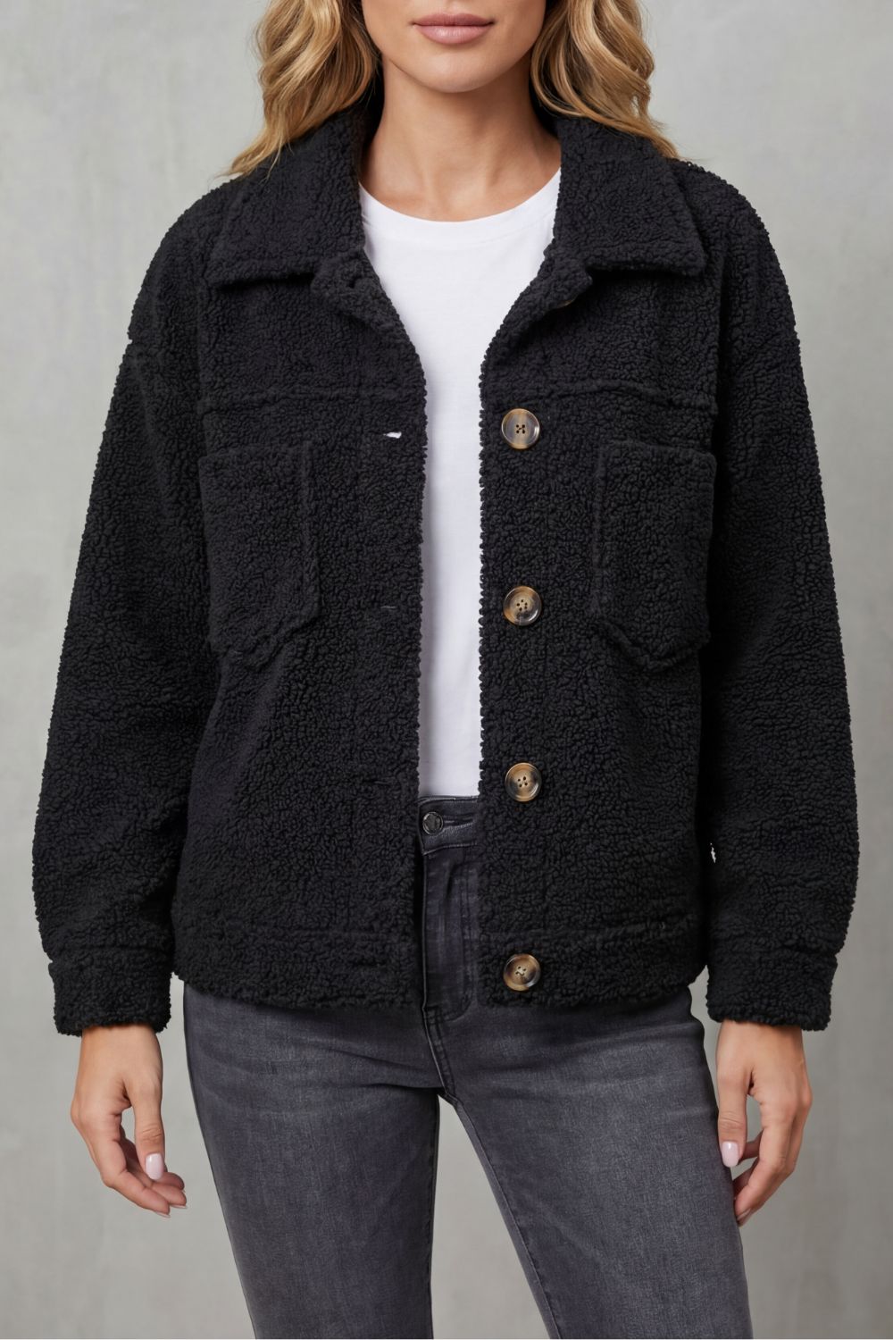 Women's Textured Fleece Button-Up Jacket – Warm & Comfortable Layering Piece