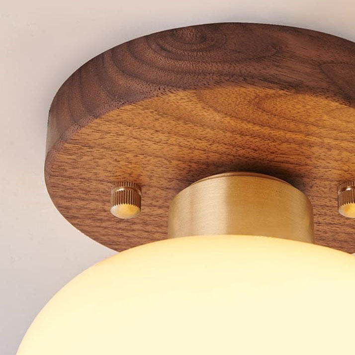 Creative Vintage Walnut Brass Round 1-Light Semi-Flush Mount Ceiling Lamp