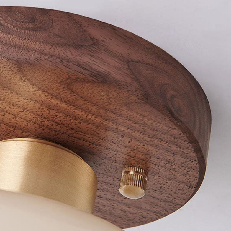 Creative Vintage Walnut Brass Round 1-Light Semi-Flush Mount Ceiling Lamp
