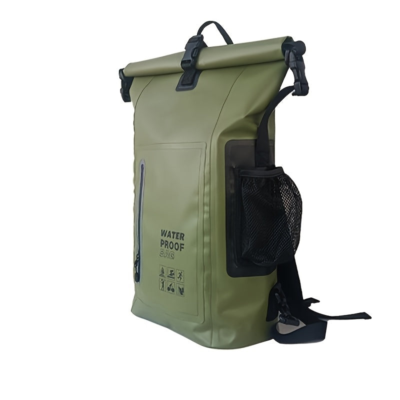 Waterproof 25L Roll-Top Backpack with Multiple Pockets, Sturdy Buckle, and Side Mesh Pocket