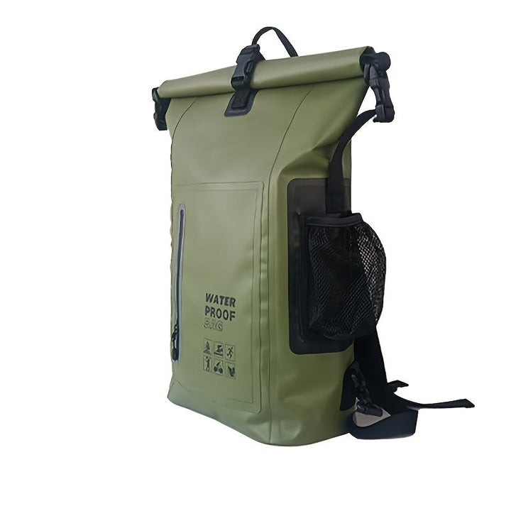 Waterproof 25L Roll-Top Backpack with Multiple Pockets, Sturdy Buckle, and Side Mesh Pocket