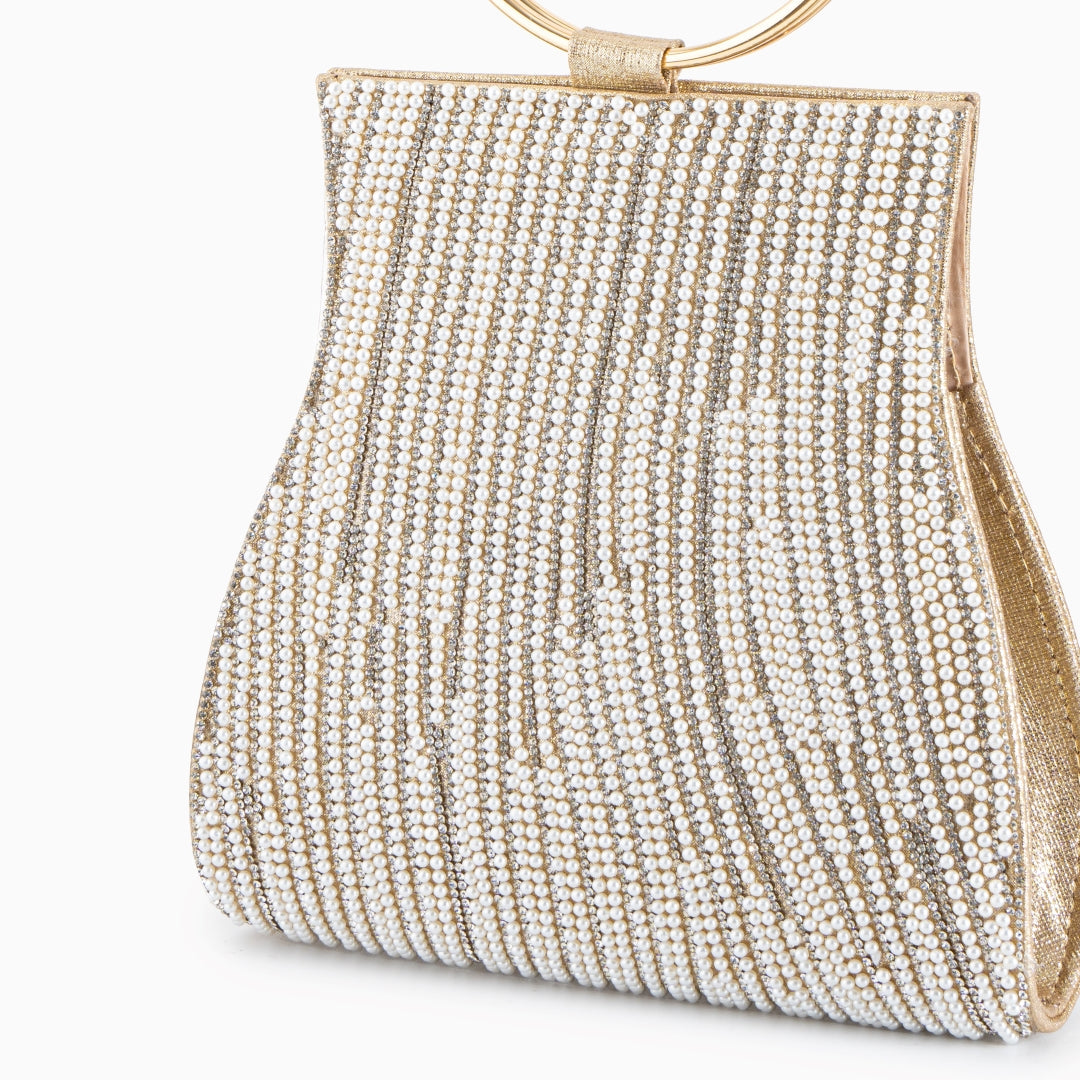 Luna – Crystal Beaded Evening Bag with Gold Ring Handle and Chain Strap