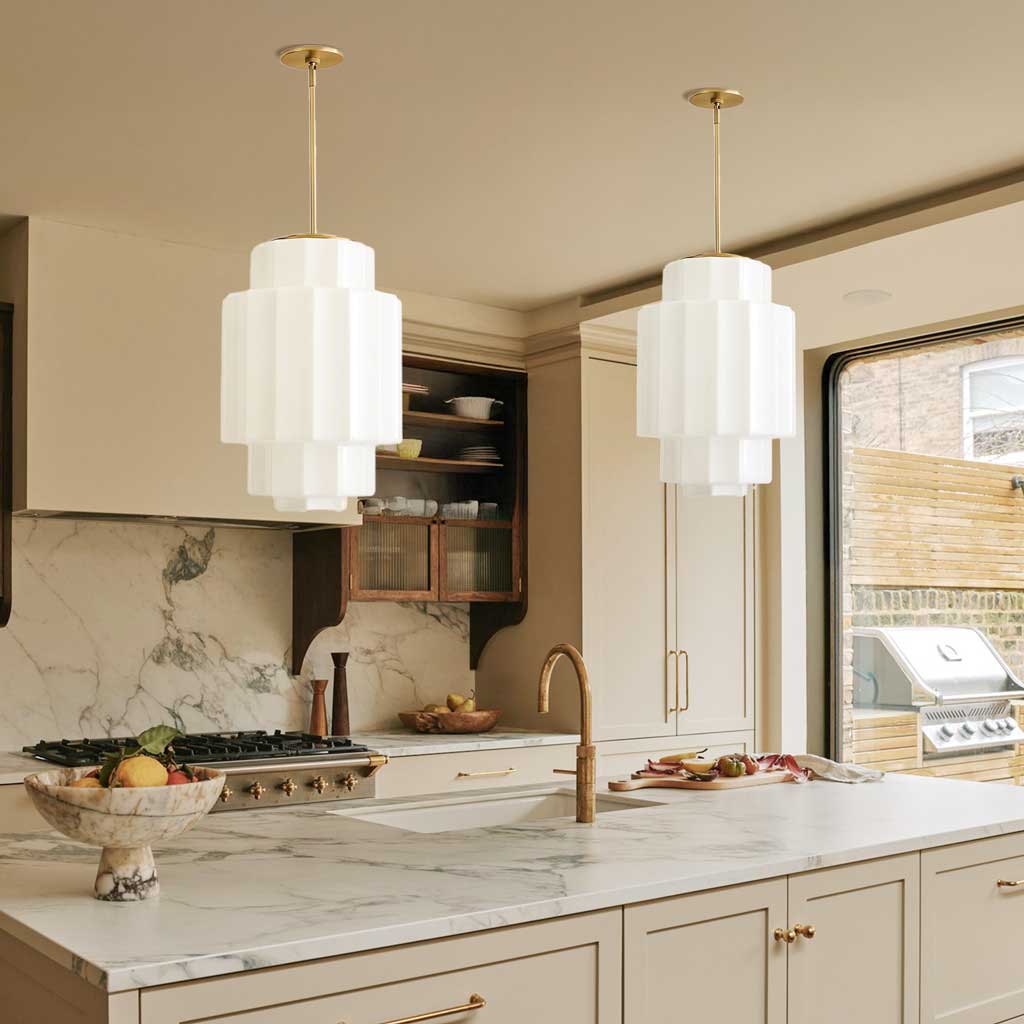 Antique Brass Tiered Opal White Glass Pendant Light