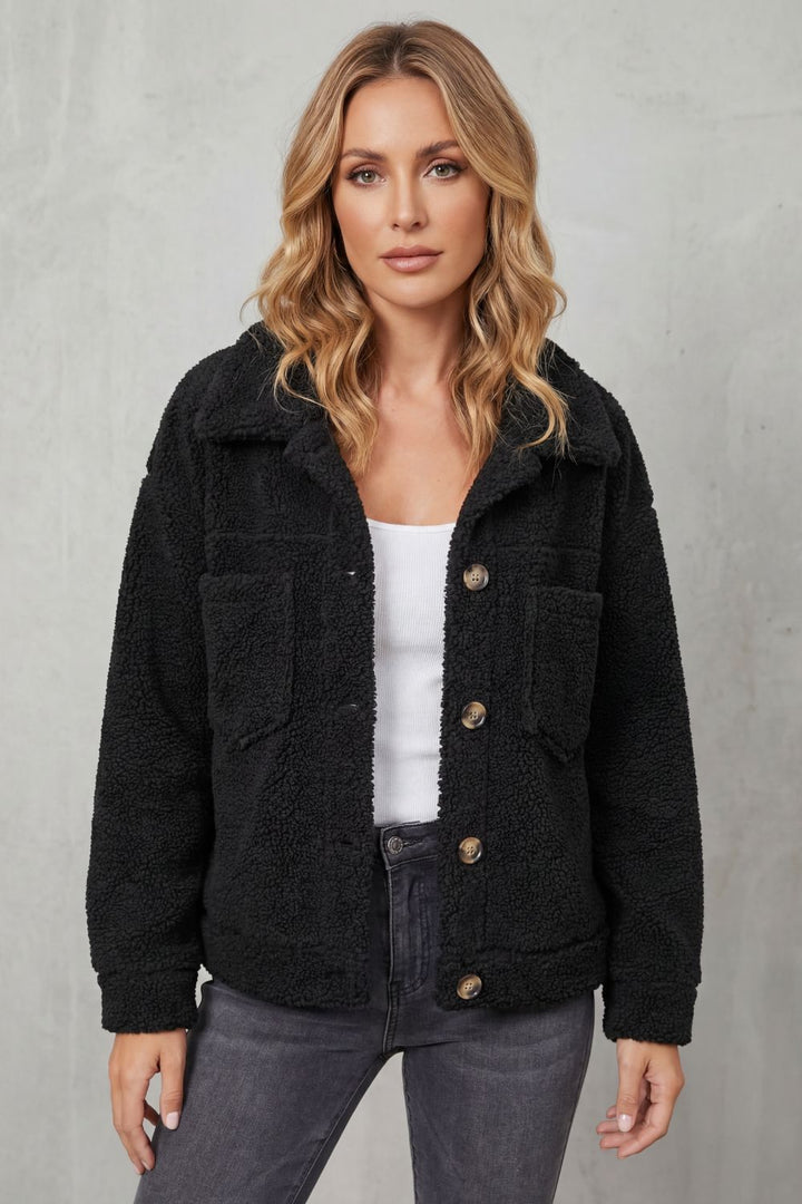 Women's Textured Fleece Button-Up Jacket – Warm & Comfortable Layering Piece